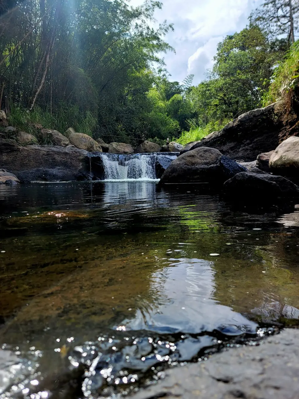 Agua del río Cañas corriendo entre rocas y bosque en San Francisco, Cundinamarca.